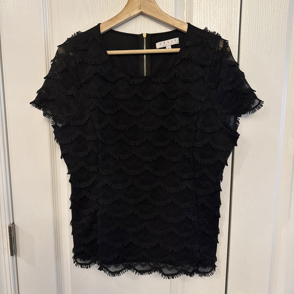 CHAUS New York Women's Sz 12 Blouse Lined Scallop Fringe Lace Cap Sleeves Black